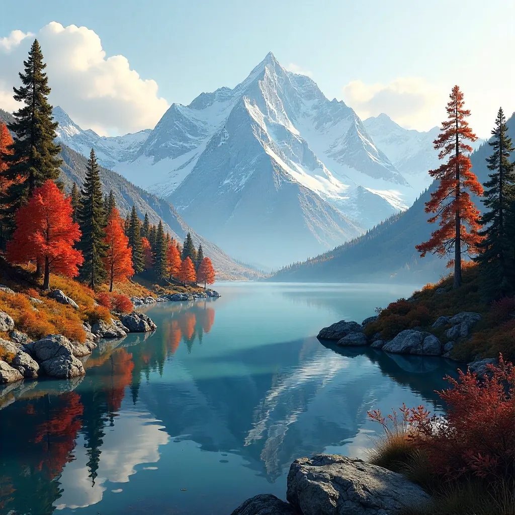 Autumn Grove Beneath Snow-Capped Peaks