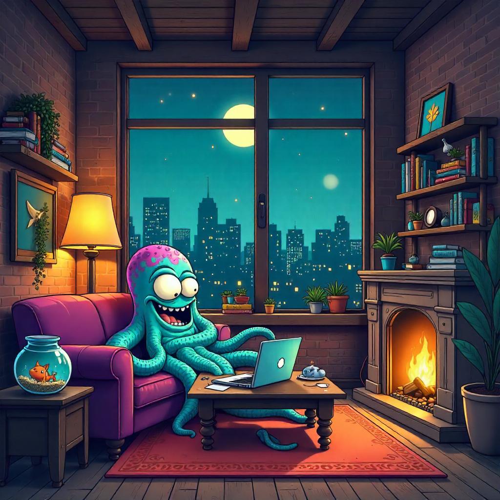 Cartoon Kraken in a Cozy Loft