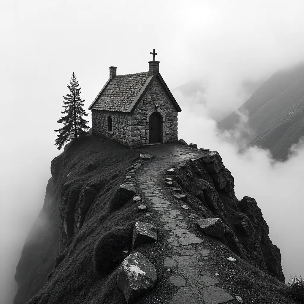 Solitary Mountain Chapel in Mist (Black & White)