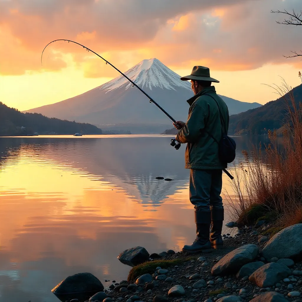 Fisherman at Lake Kawaguchi at Sunset