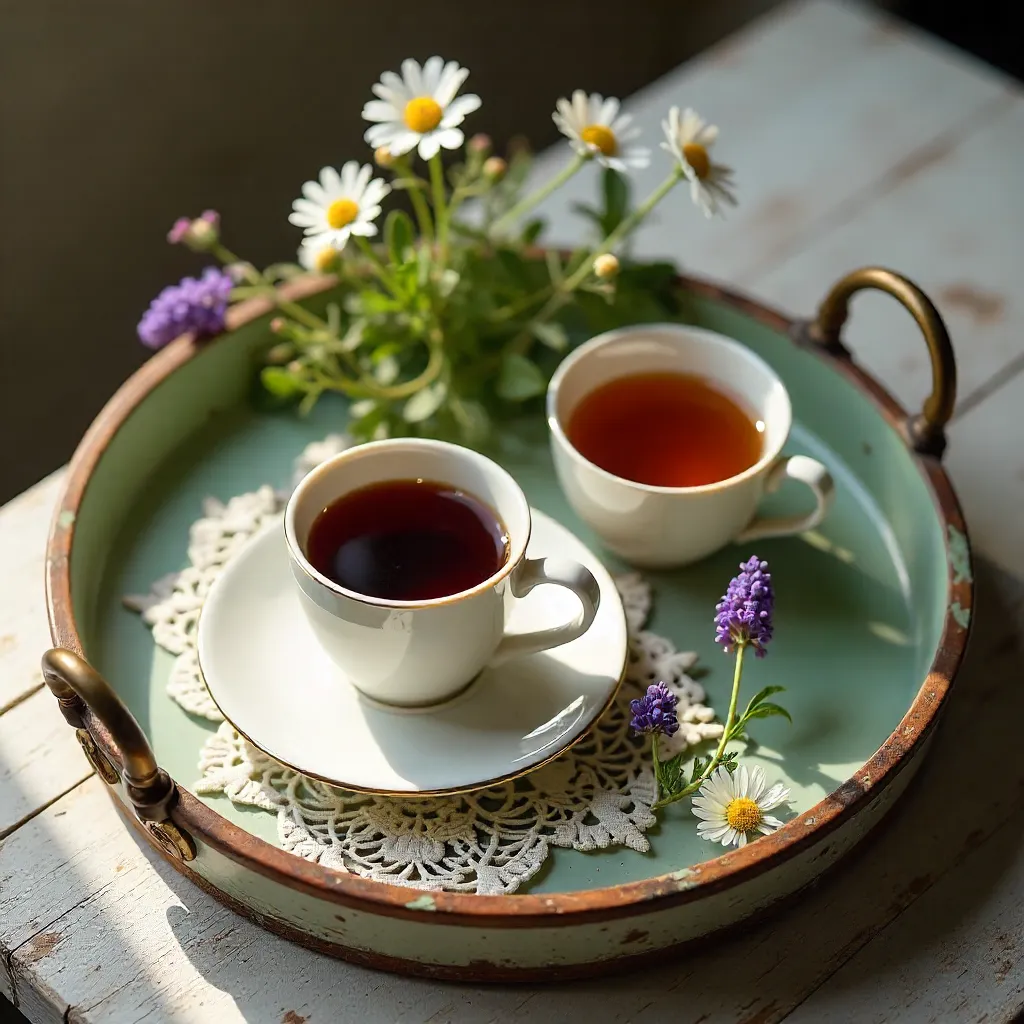 Top-Down Coffee, Tea, and Flowers on Vintage Tray