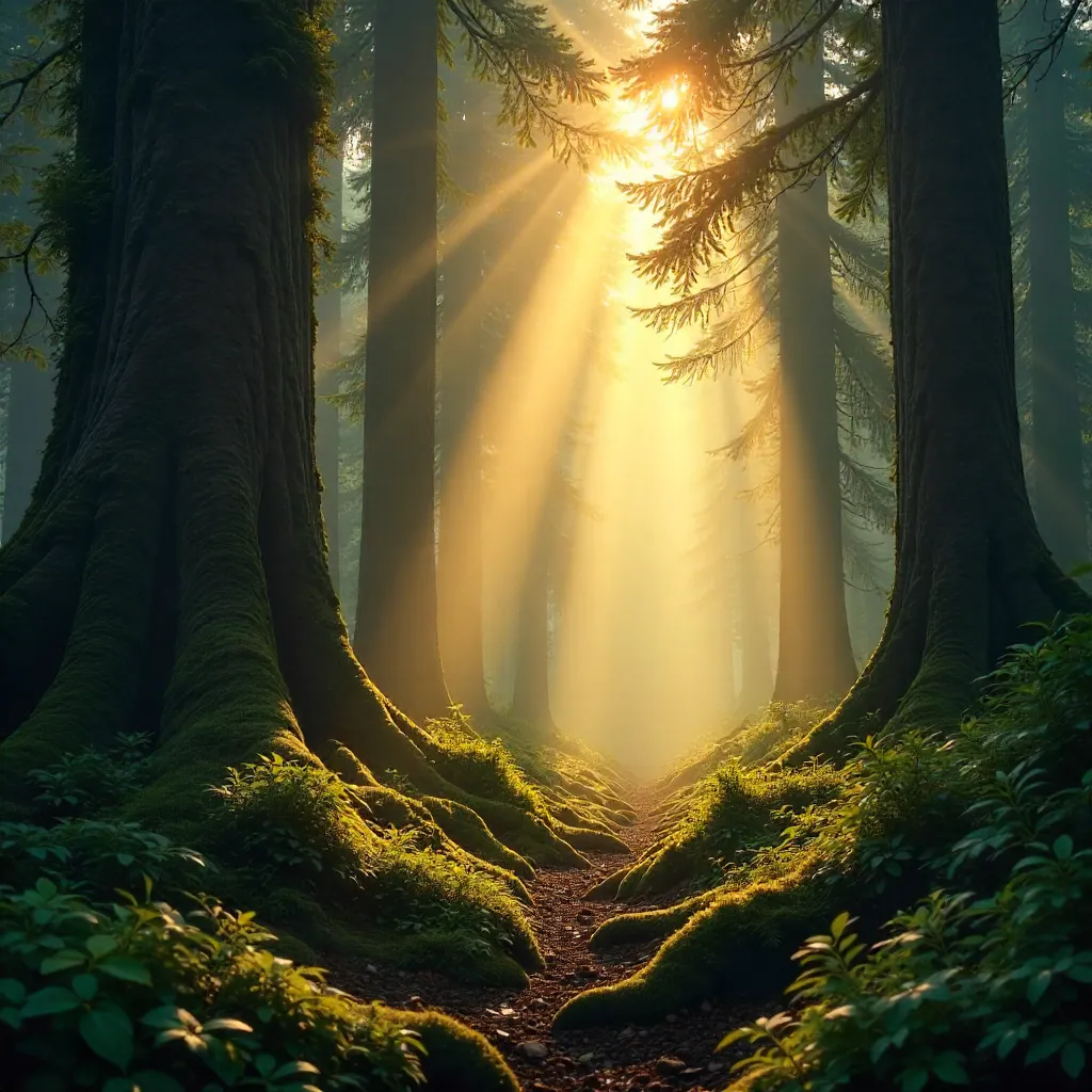 Dawn Sunbeams through Forest Silhouettes