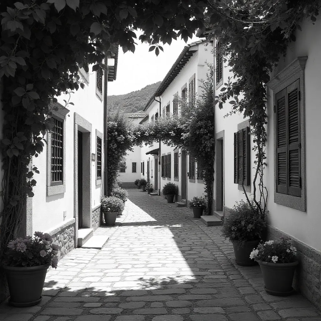 Quiet Mediterranean Village Street in B&W