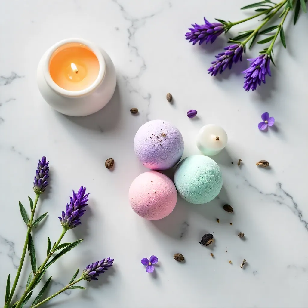 Spa Day Overhead: Bath Bombs, Lavender & Candle on Marble