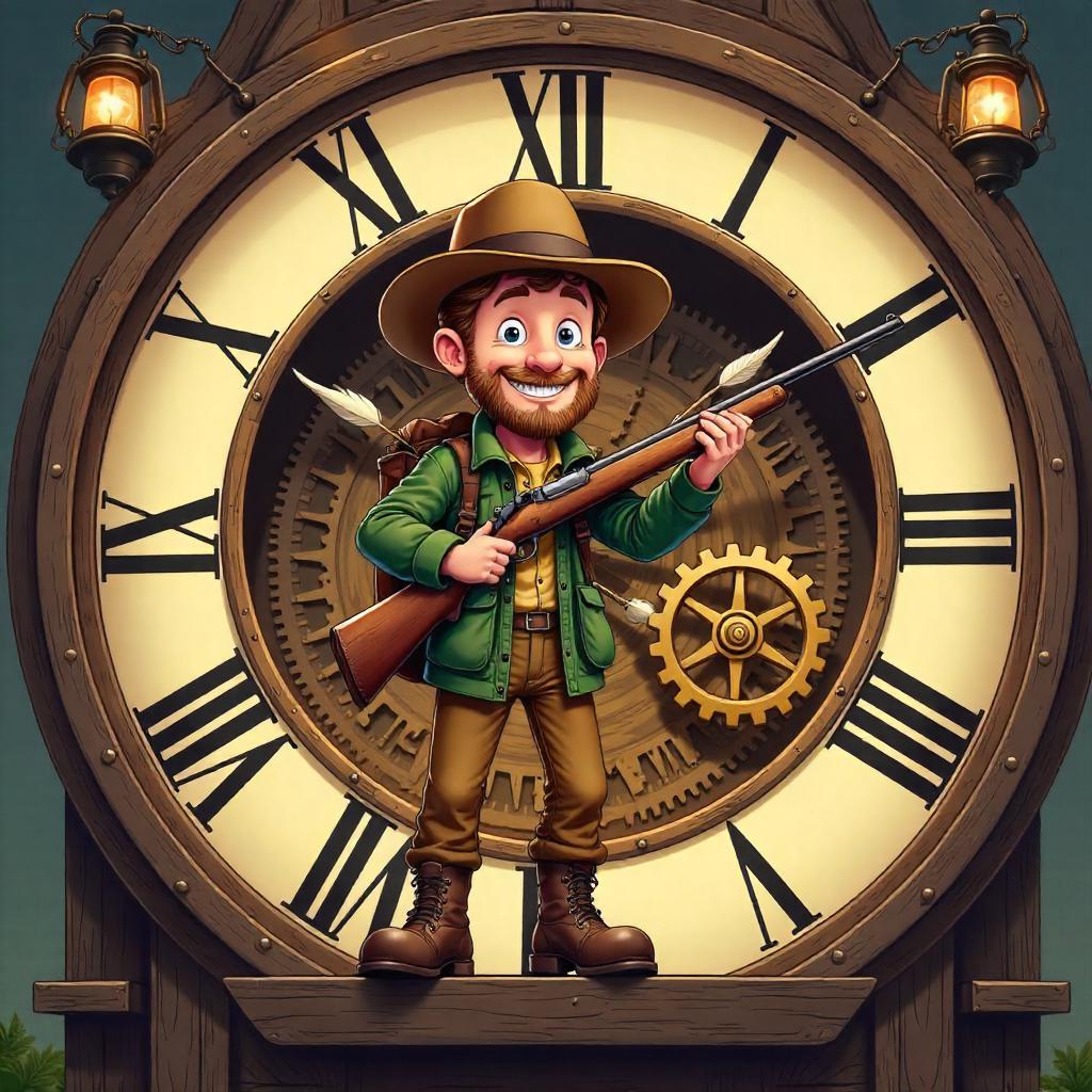 Cartoon Hunter Inside a Giant Clock