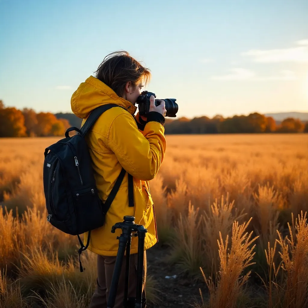 Photographer in a Yellow Jacket in an Autumn Field