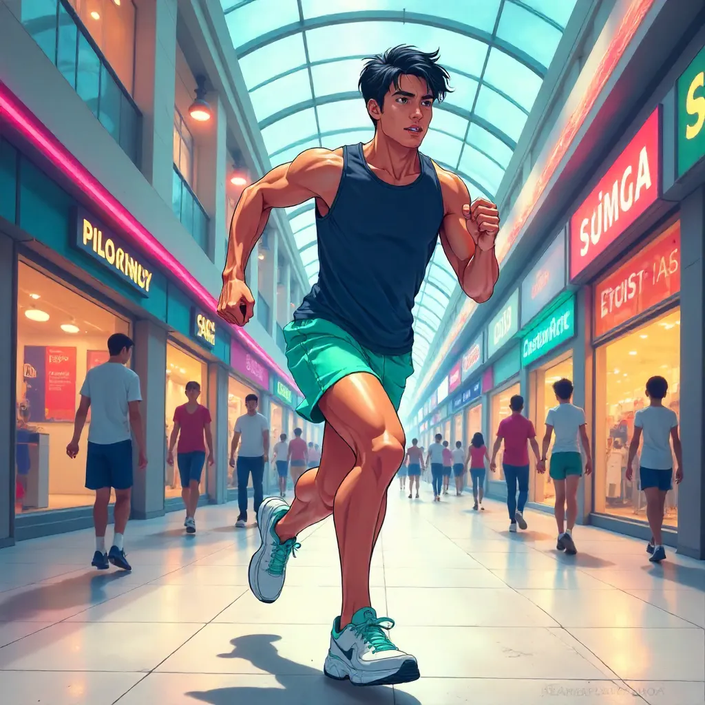 Anime-Style Athletic Asian Man in Busy Mall Sprint