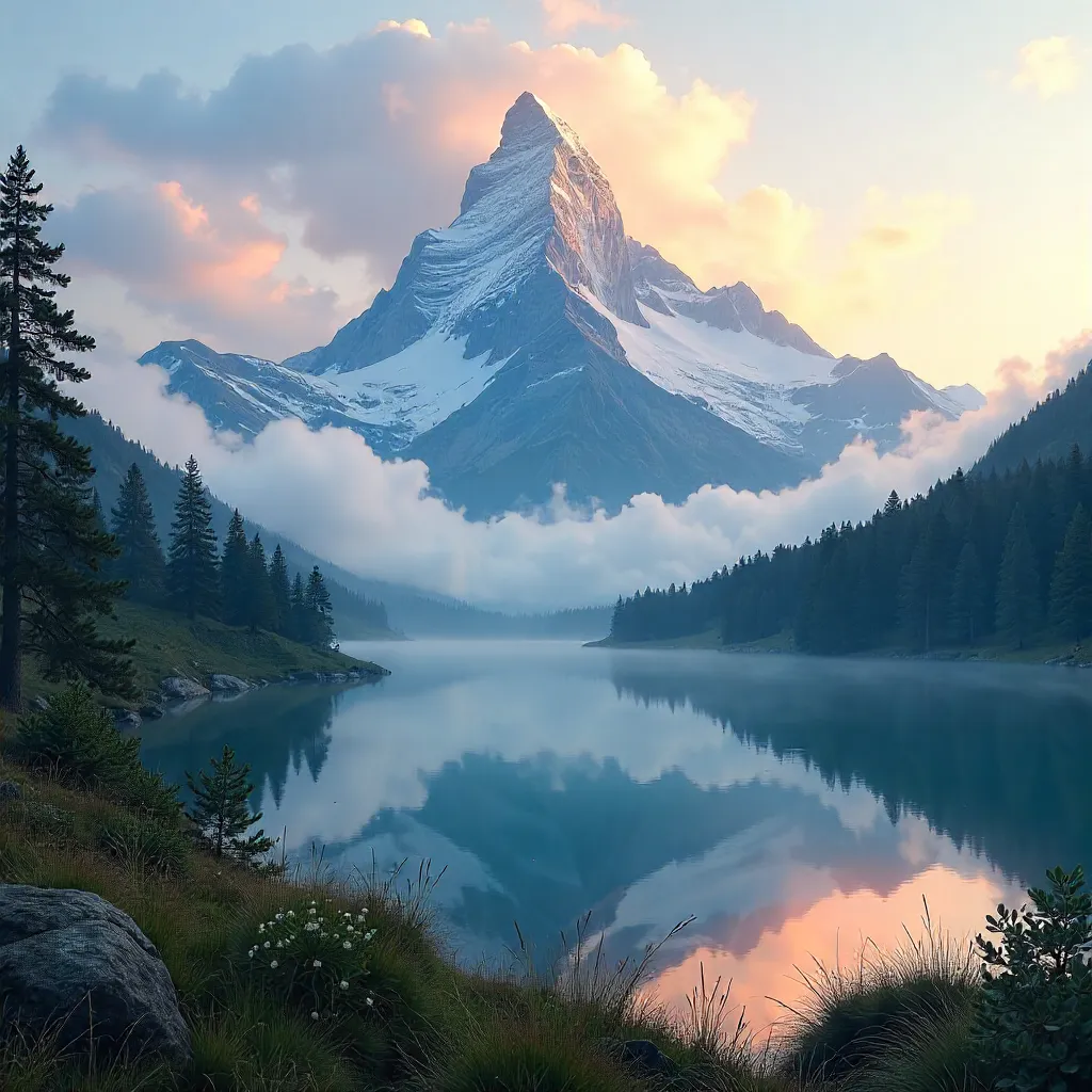 Cloud-Wrapped Mountain in Tranquil Dawn
