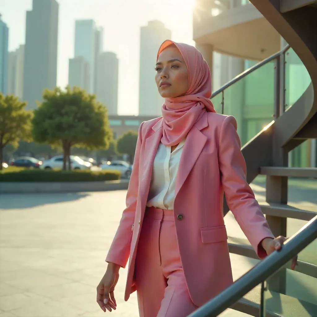 Ascending in Pink: Woman on Modern Outdoor Spiral Staircase