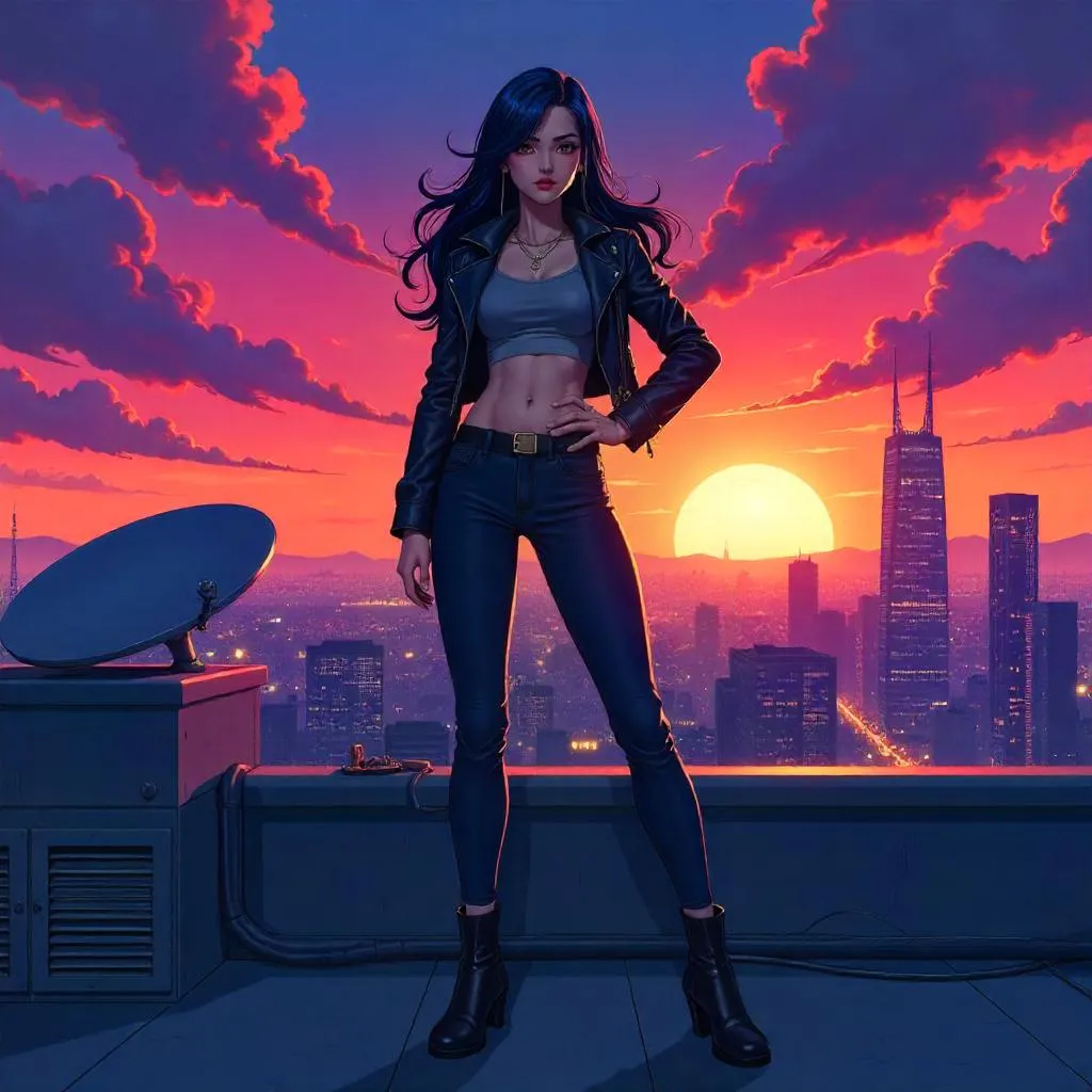Confident Anime Woman on a Rooftop Over Neon City