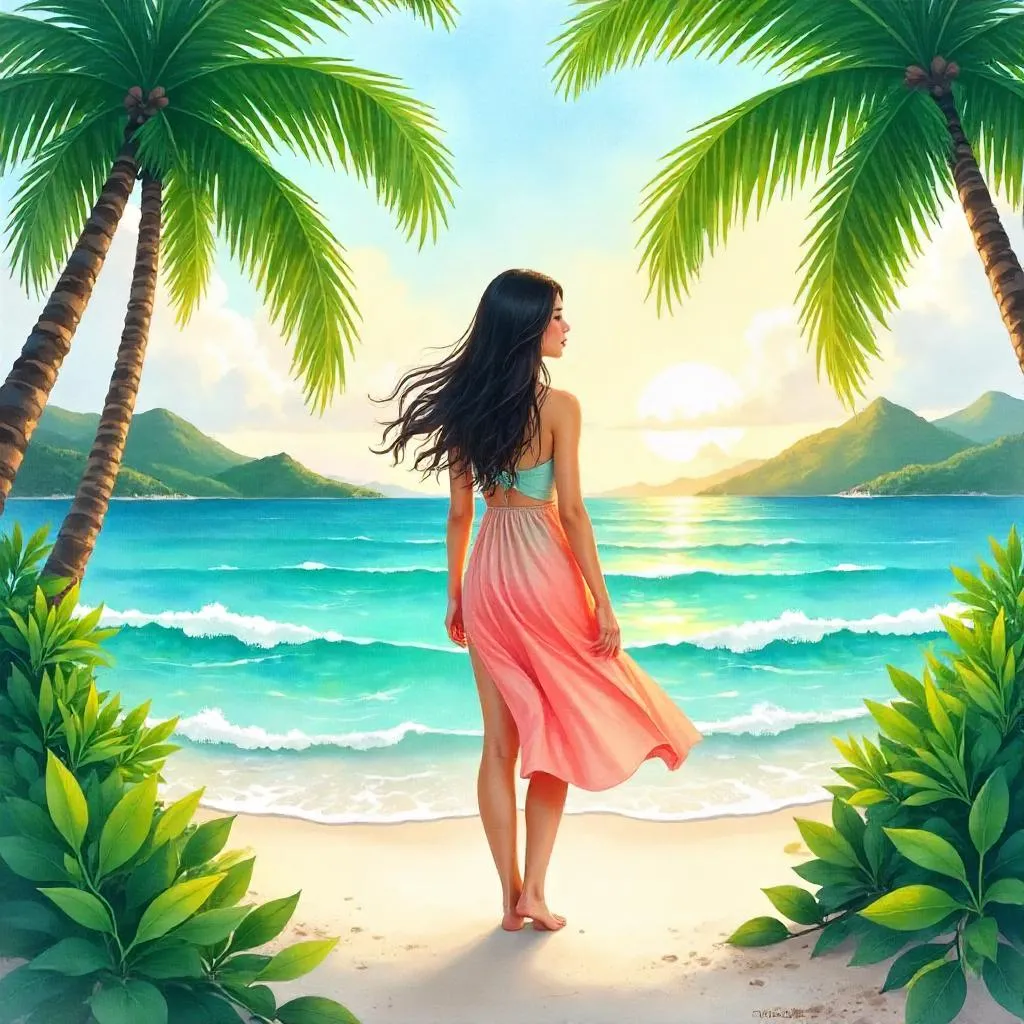 Watercolor Paradise: Young Woman in Tropical Light