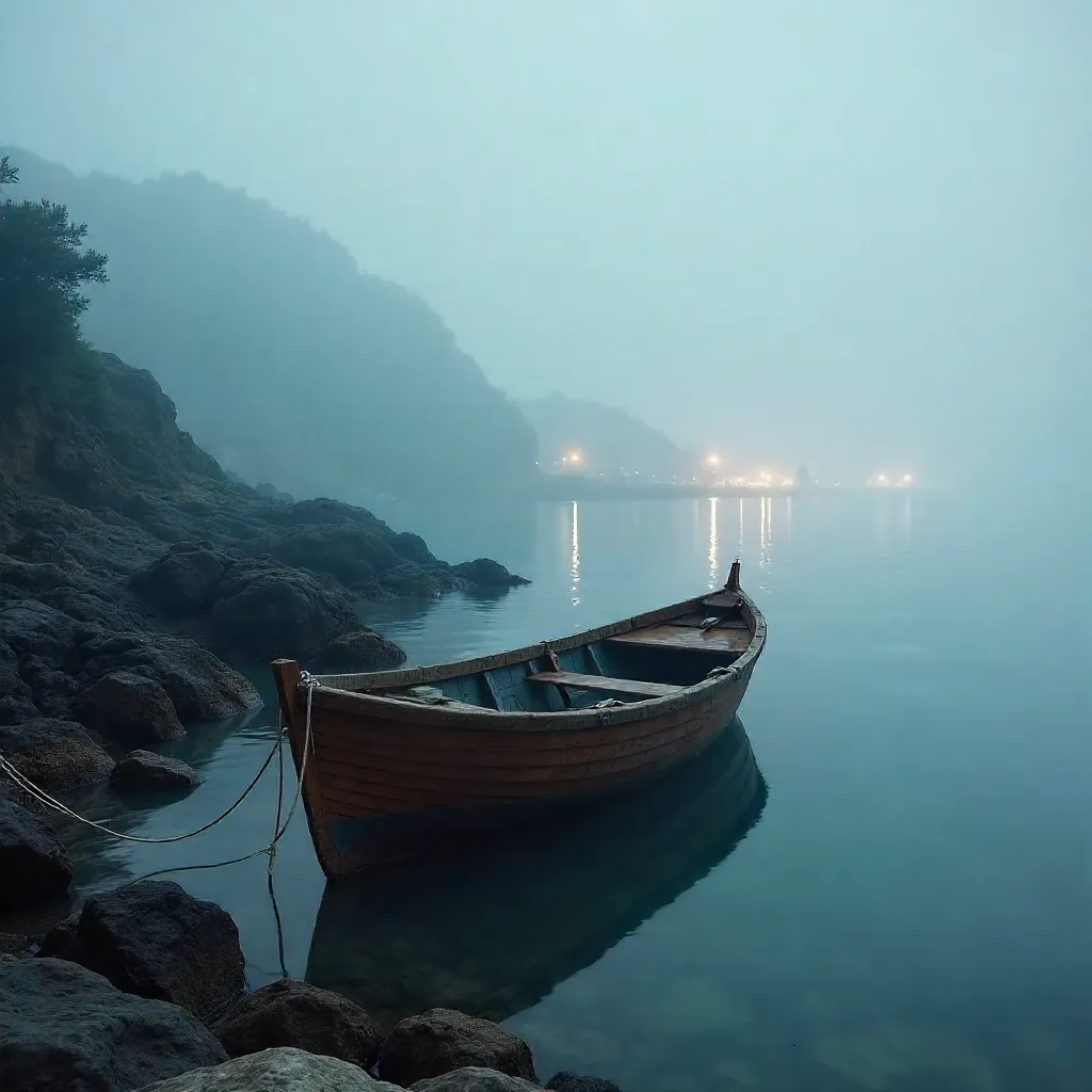 Lone Boat in a Foggy Antonina Harbor, Paraná