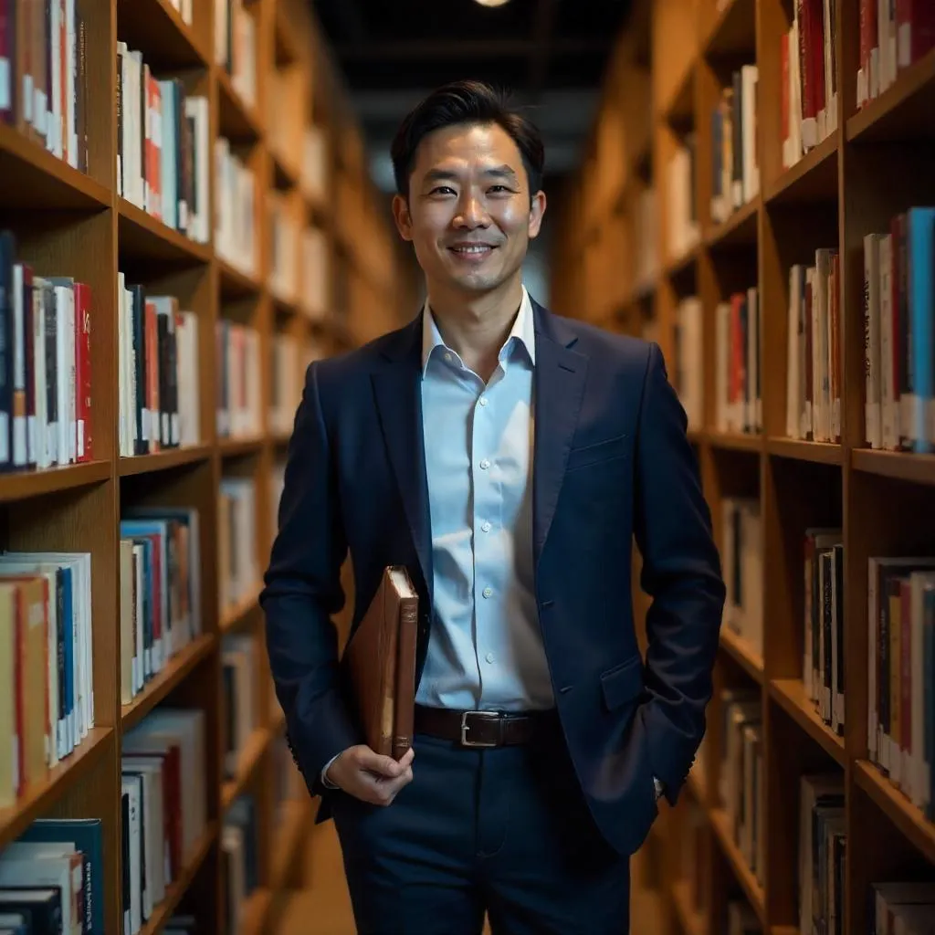 Photorealistic Professional Asian Man in a Bookstore