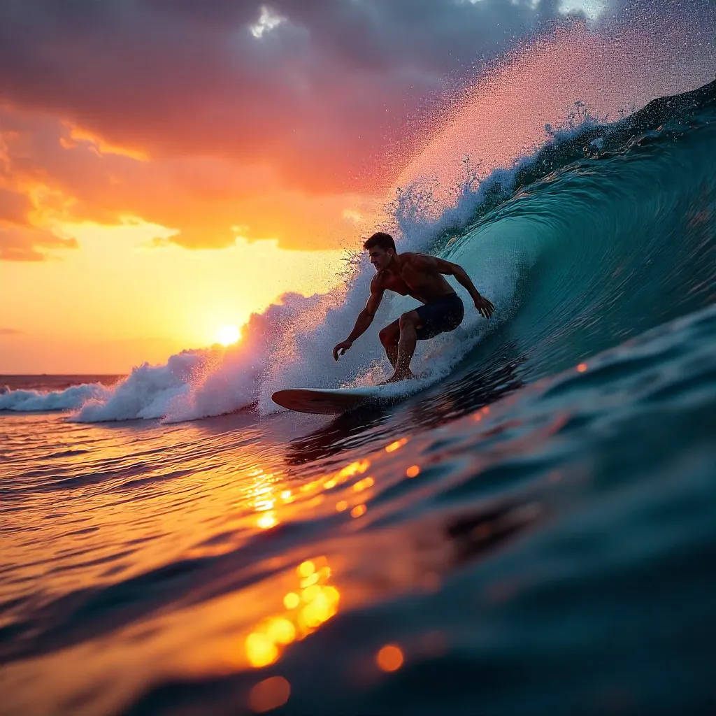 Sunset Surfer: Dramatic Splash on Open Ocean