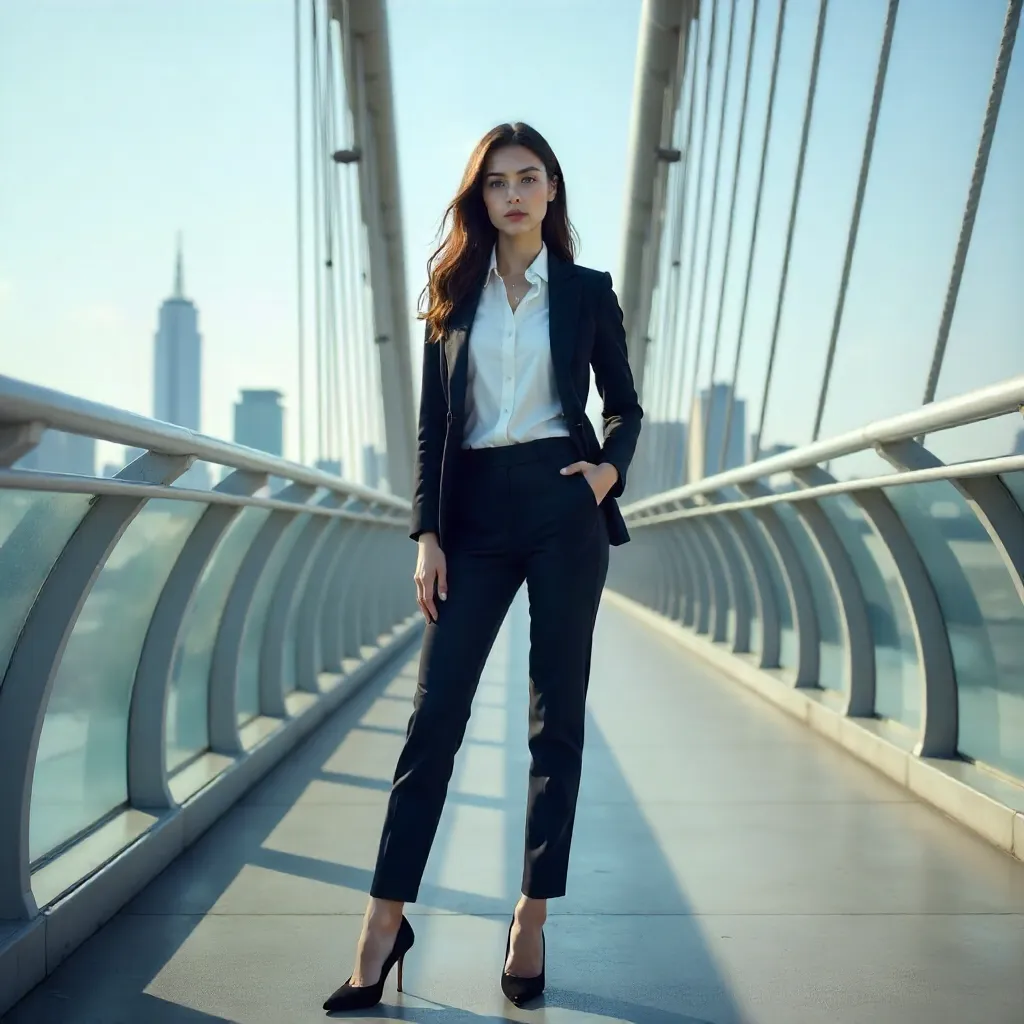 Confident Woman in Smart Attire on a Modern Bridge
