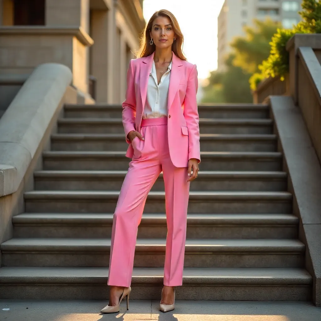 Confident Pink Suit on Urban Outdoor Steps