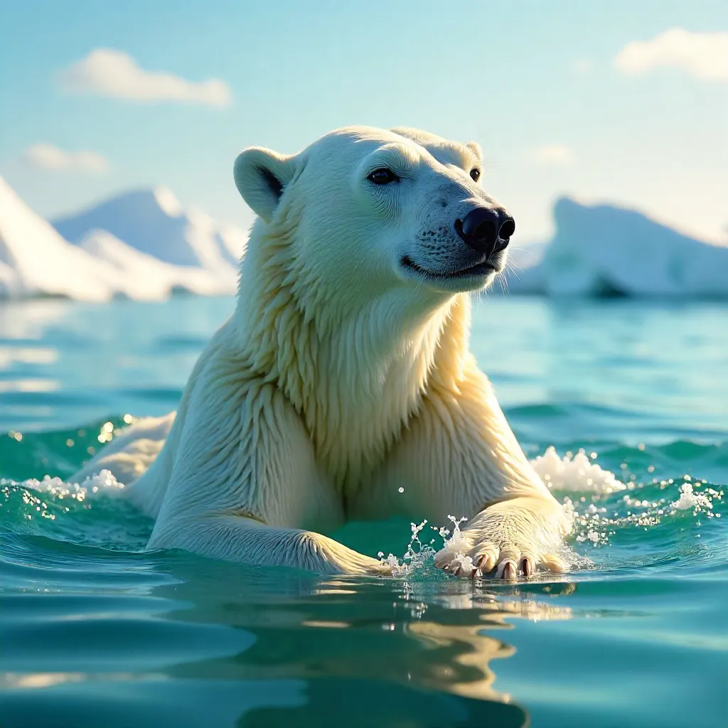 Sunny Arctic Swim: Polar Bear in Golden Light