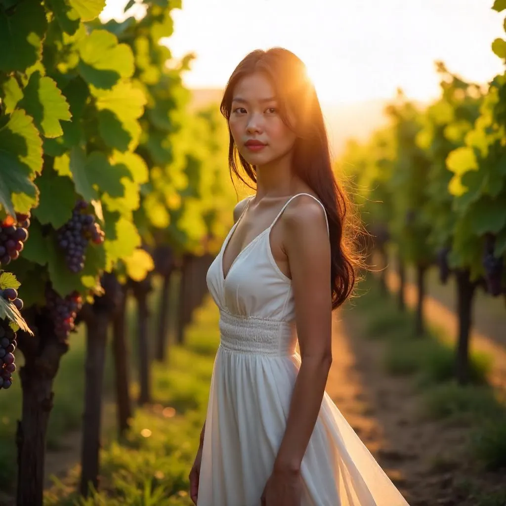 Sunlit Vineyard Portrait: Asian Woman in Golden Hour