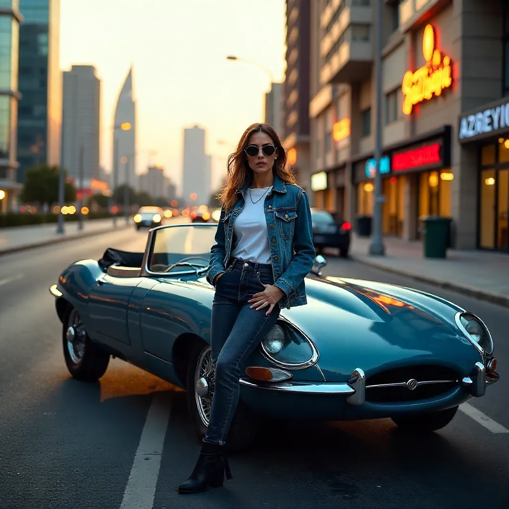 Denim Diva by a Classic Car in Baku