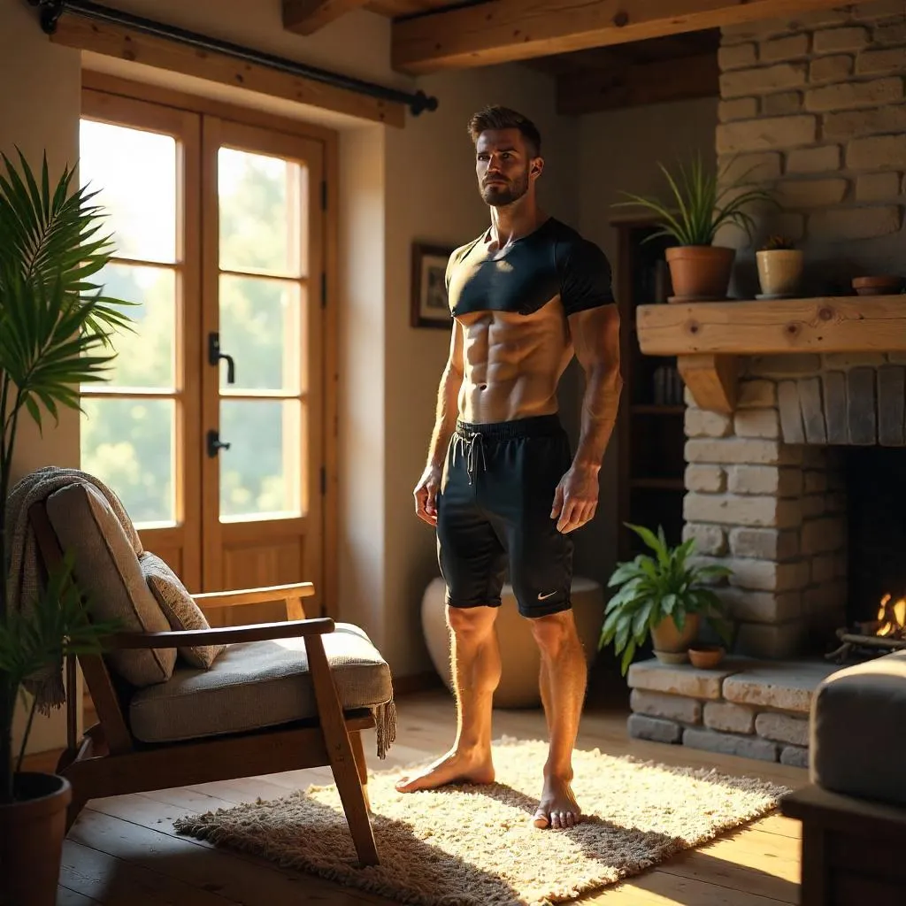 Athletic White Man in a Cozy Cottage — Photorealistic