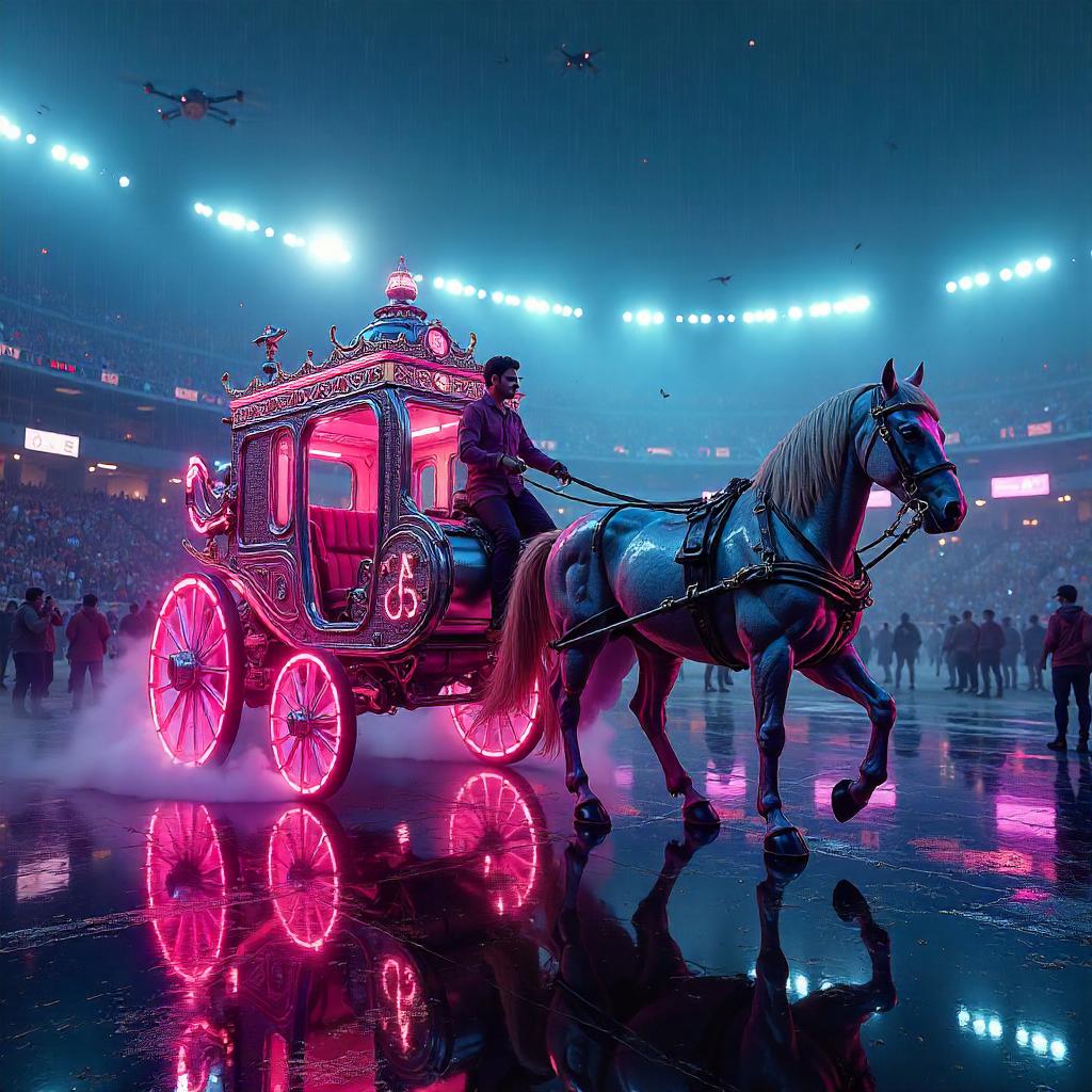 Neon Carriage in a Cyberpunk Stadium