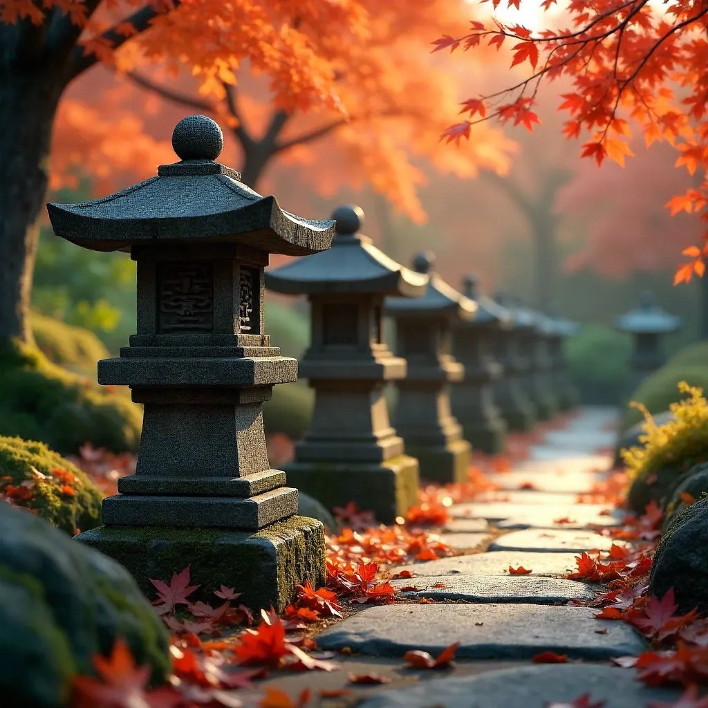 Row of Stone Lanterns in Autumn Serenity
