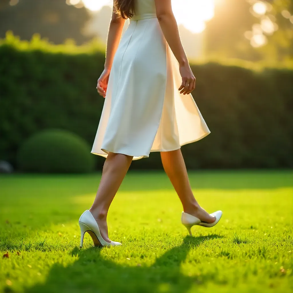 Elegant Stroll on a Lush Green Lawn