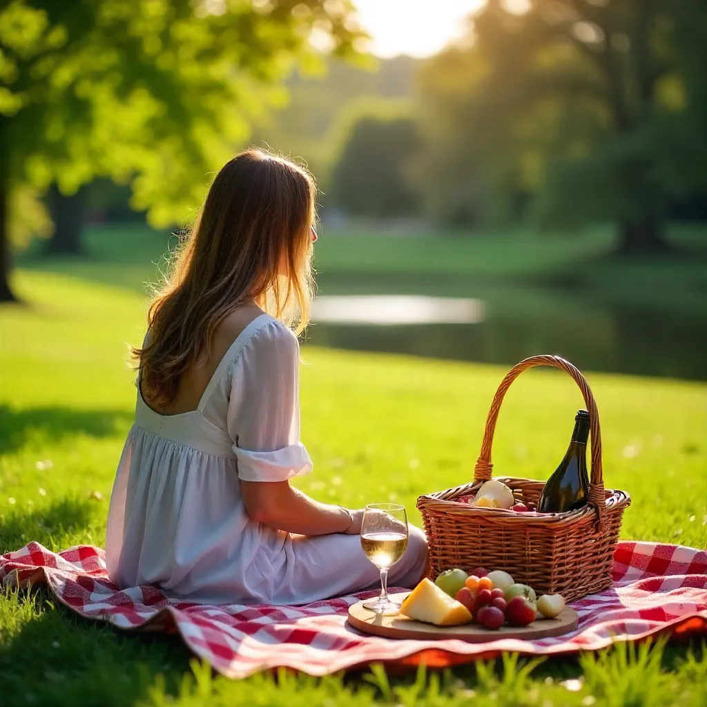 Sunlit Picnic: Woman Enjoying Wine and Fruit