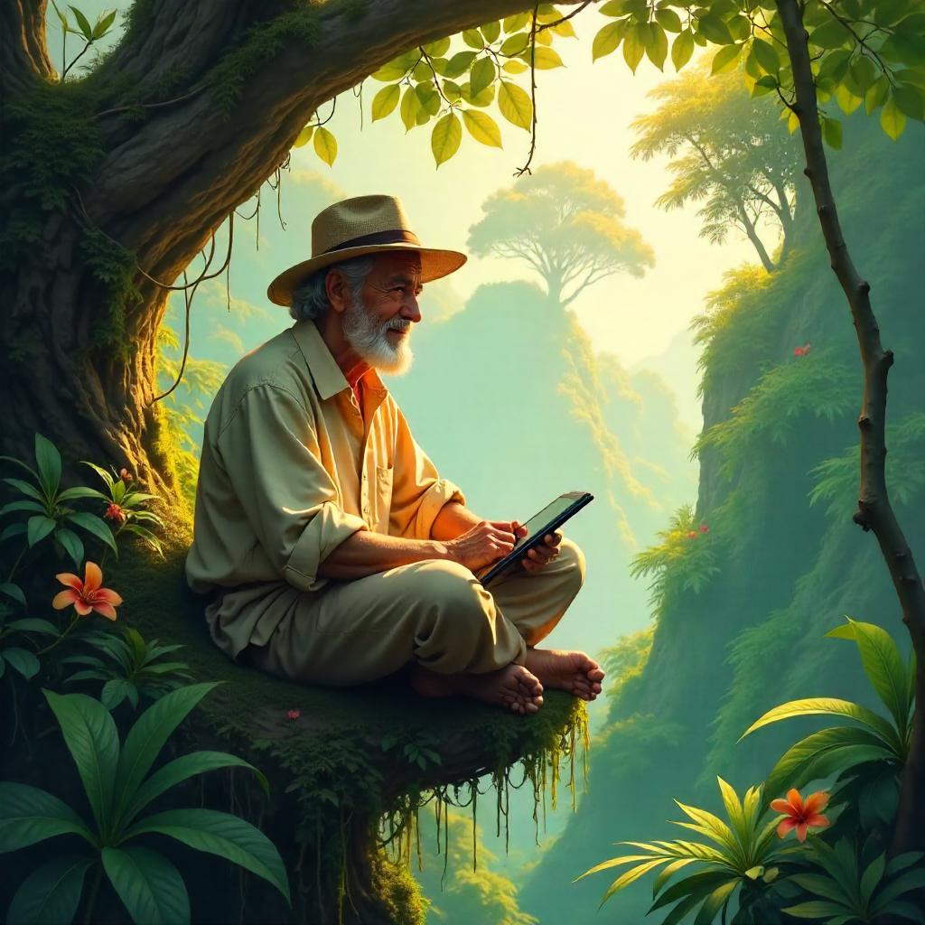 Elderly Figure in Jungle Canopy – Digital Art