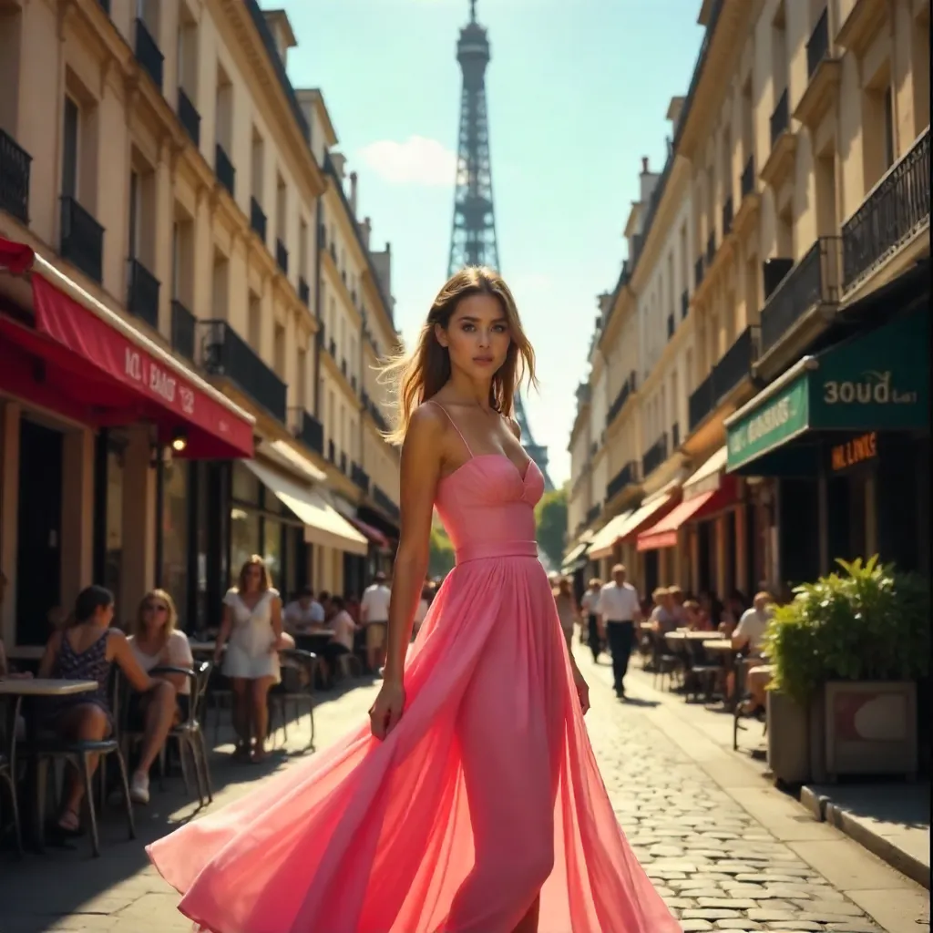 Pink Dress on a Paris Street with Eiffel Tower in Background