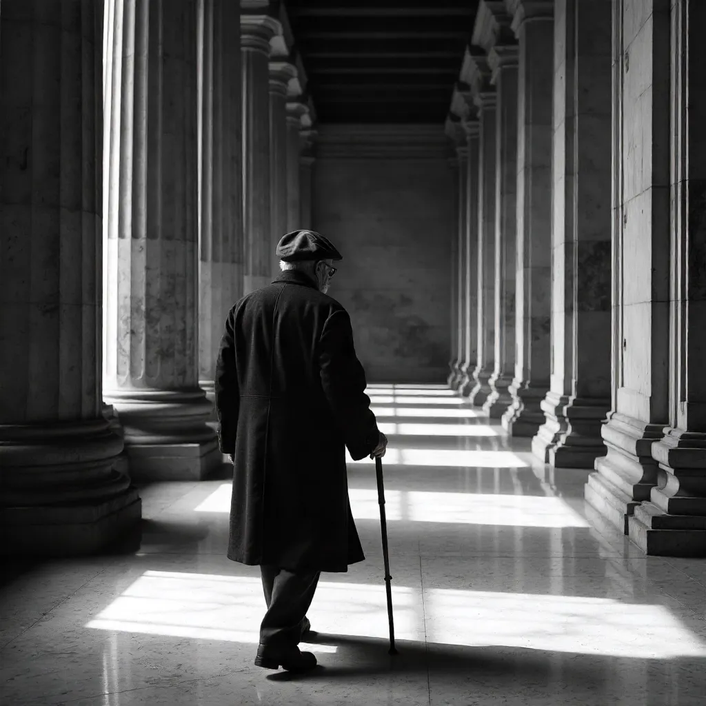 Elderly Man Walking Among Classical Columns