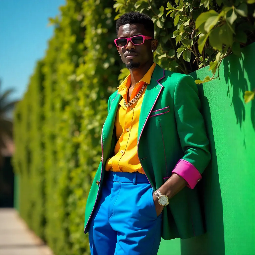 Vibrant Style Against a Lush Green Wall