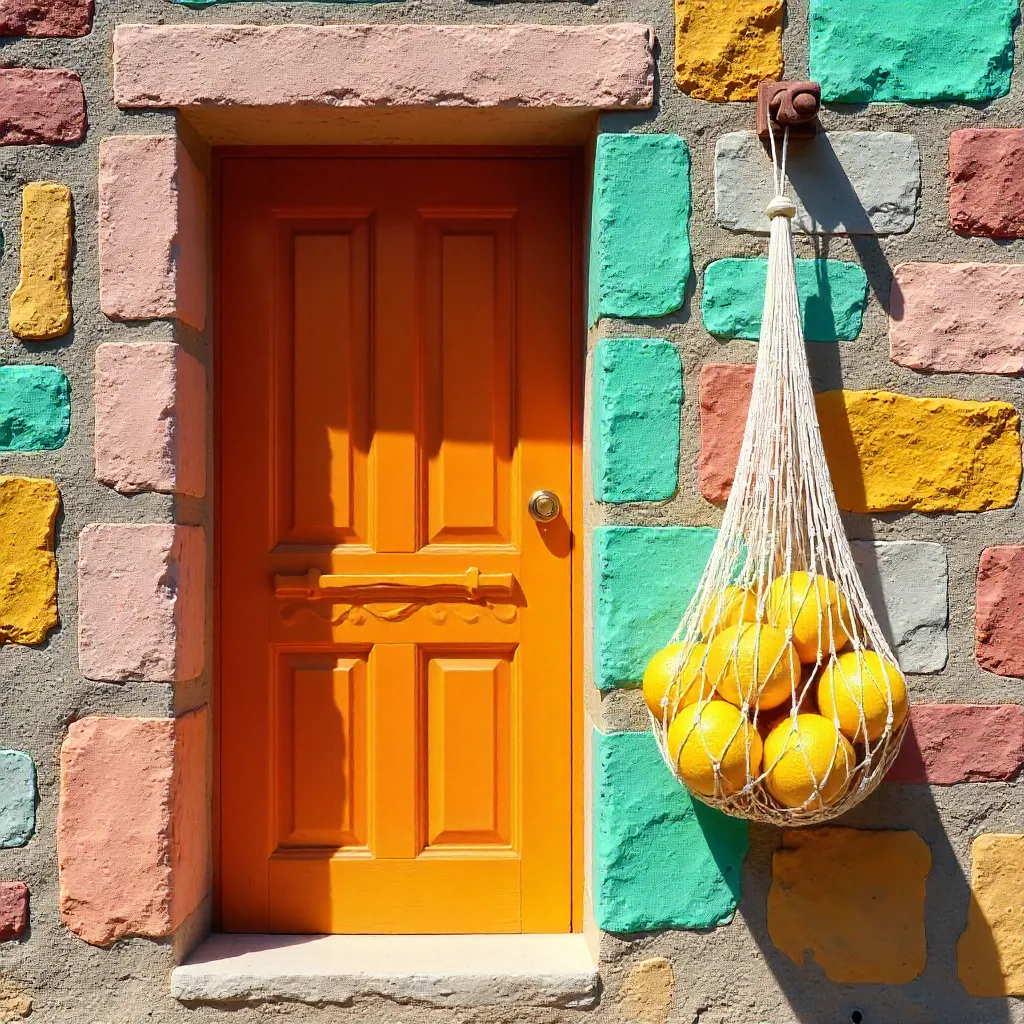 Vibrant Stone Wall with Orange Door and Lemons