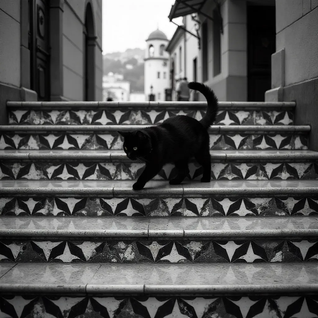 Black Cat on Geometric Istanbul Stairs (B/W)