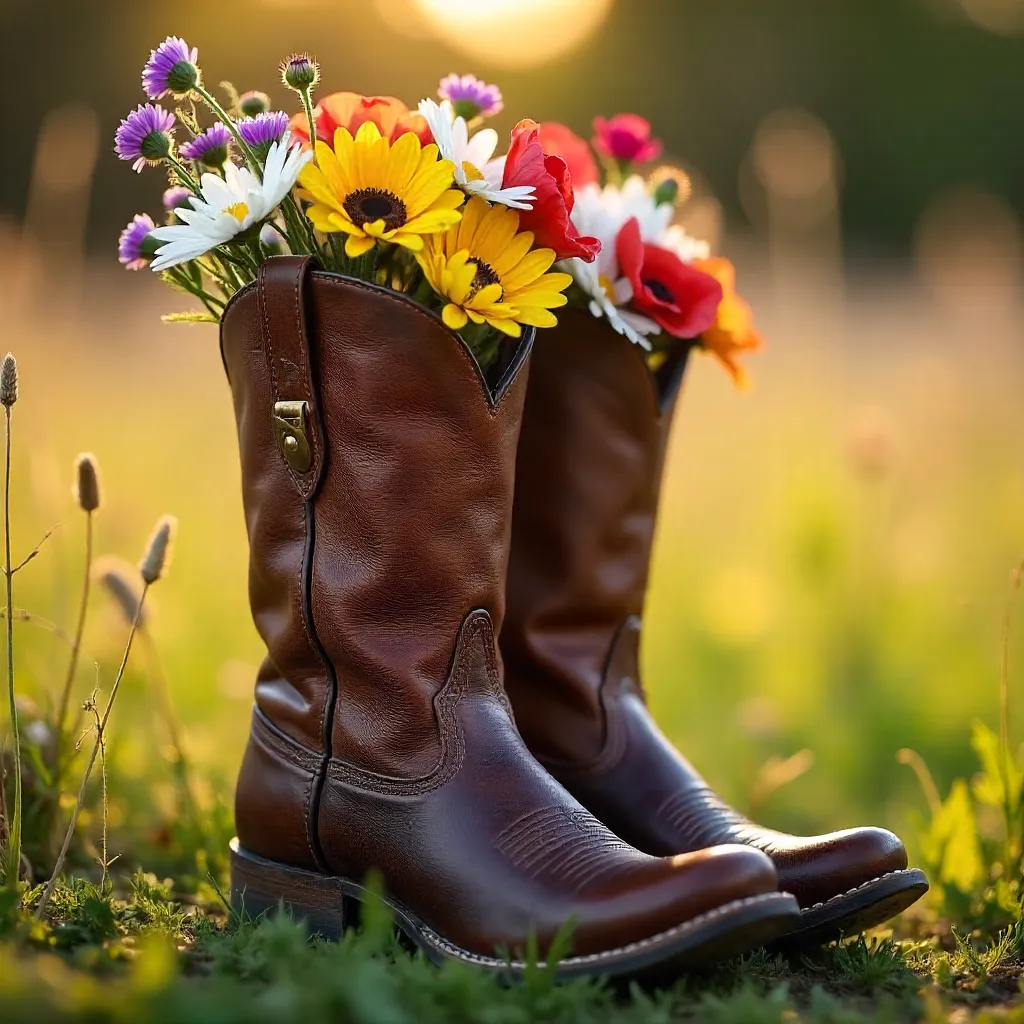 Close-Up Cowgirl Boots Filled with Wildflowers in a Sunlit Meadow