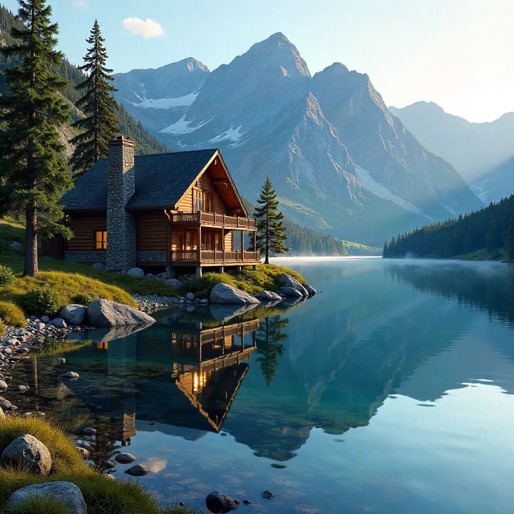 Alpine Lodge Reflected in a Tranquil Pine Lake