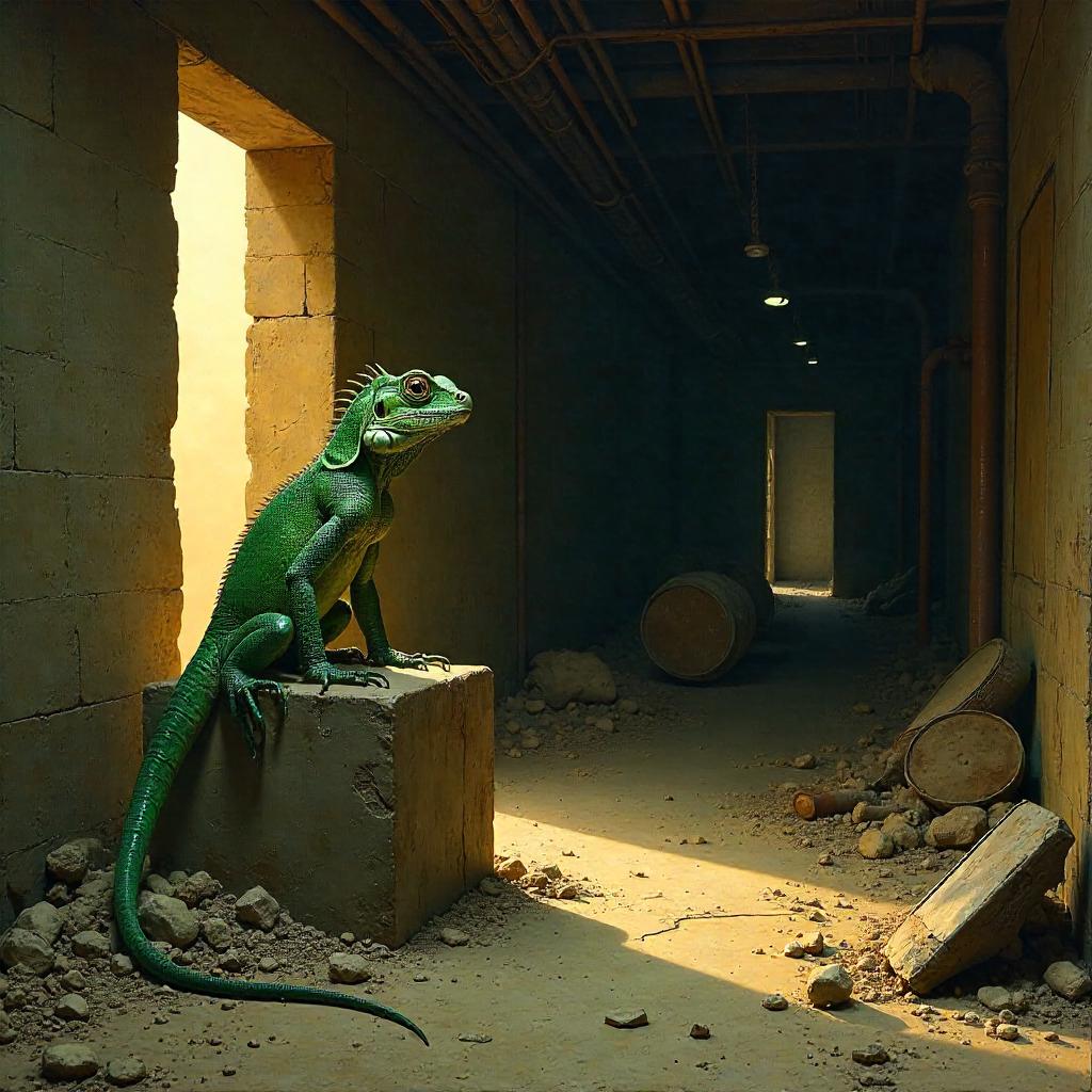 Lizard Portrait in a Dim Oil Painting Bunker Scene