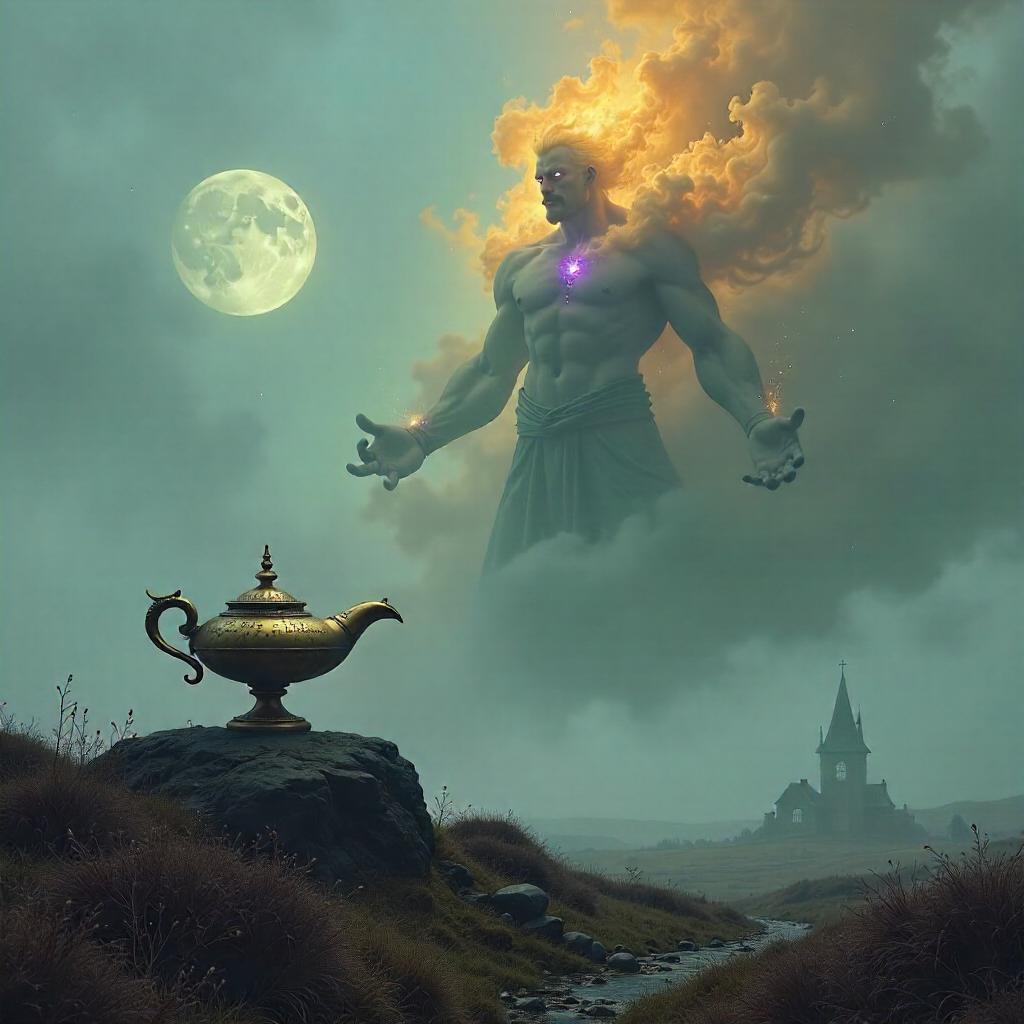 Genie Emerges on a Fog-Cloaked Moor — Concept Art