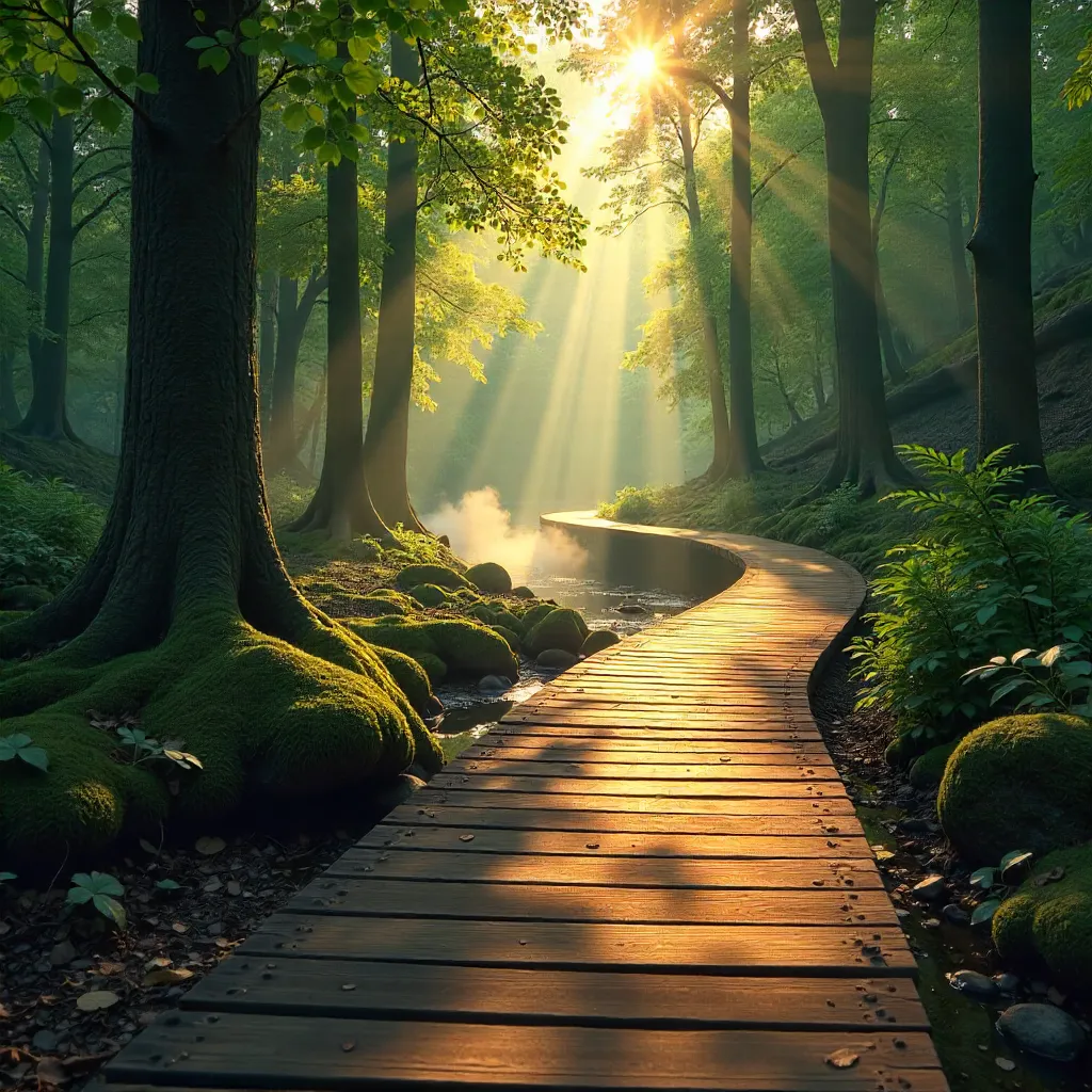 Peaceful Boardwalk Through Tranquil Forest