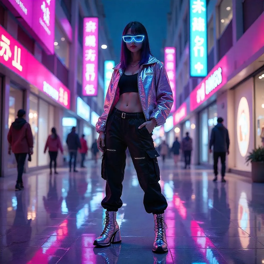 Neon Cyberpunk Mall: Stylish Asian Woman