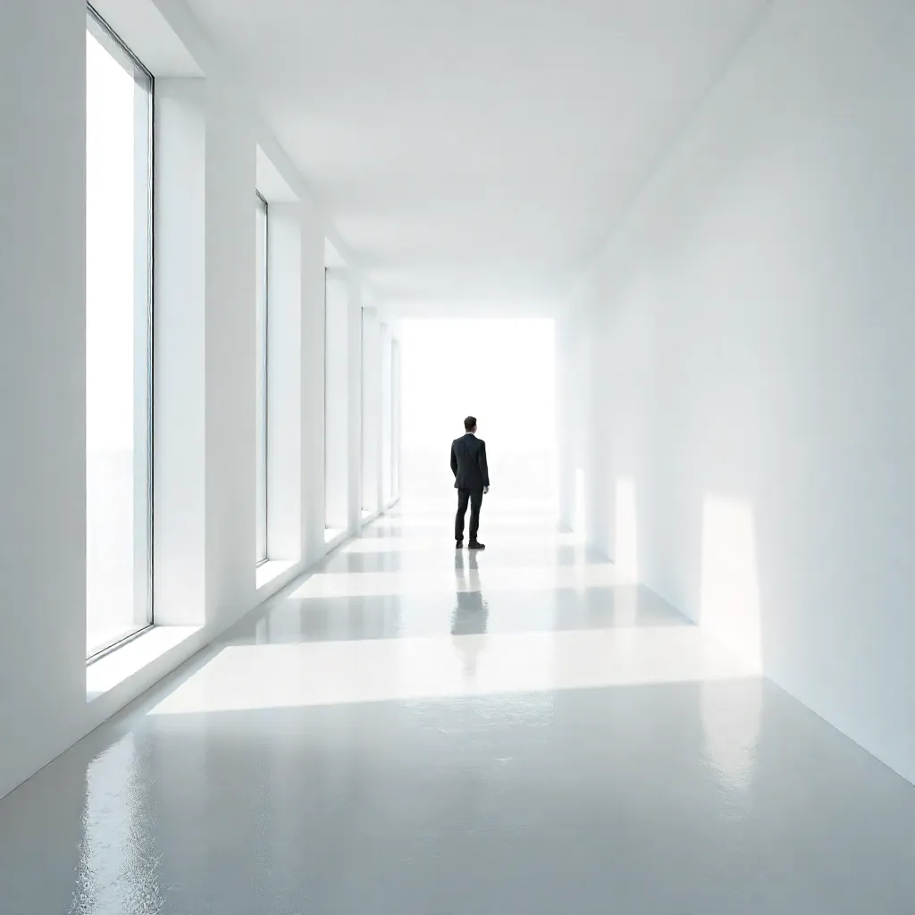 Silhouette in a Minimal White Corridor
