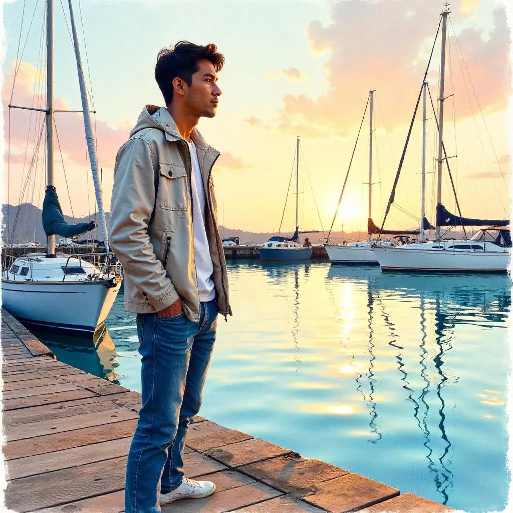 Watercolor Portrait: Young Asian Man at the Marina