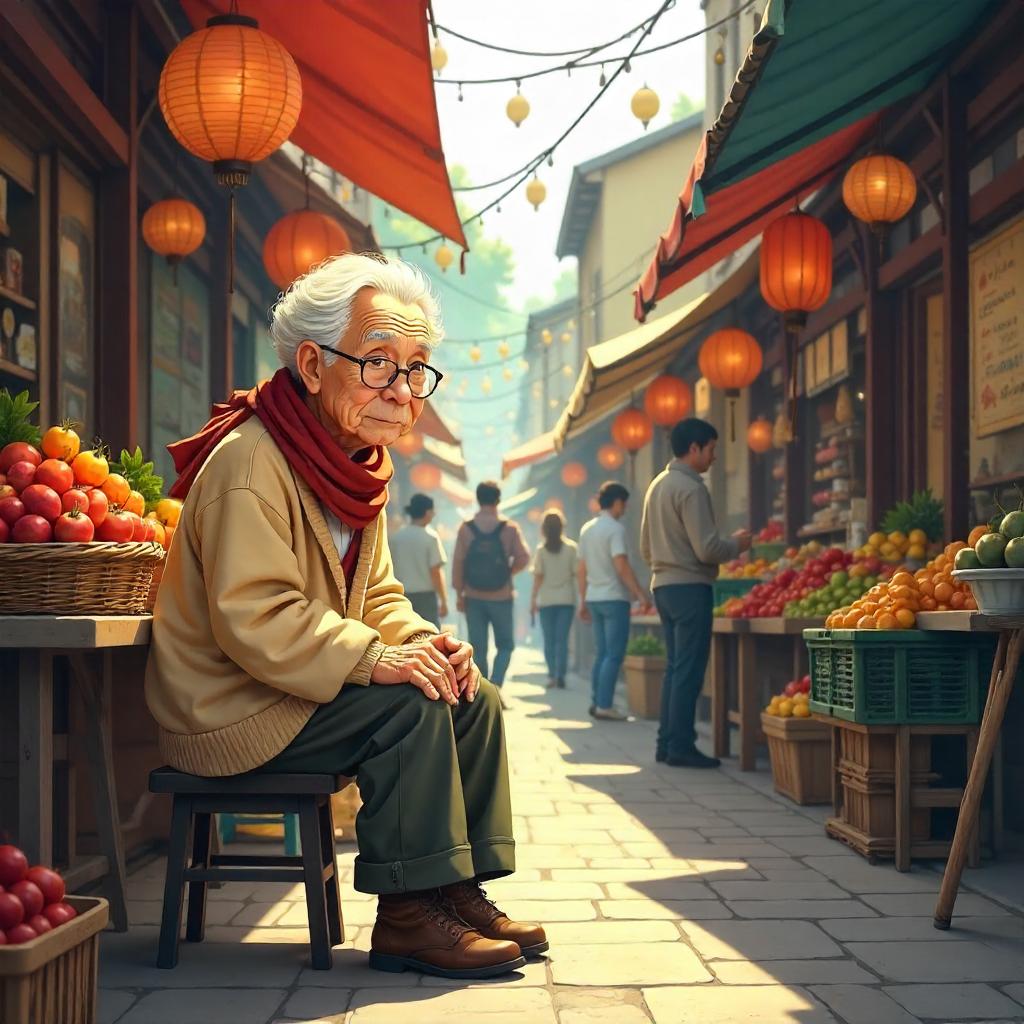 Elderly Anime Shopper in a Bustling Market