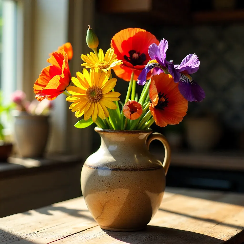 Sunlit Rustic Vase with Vibrant Flowers