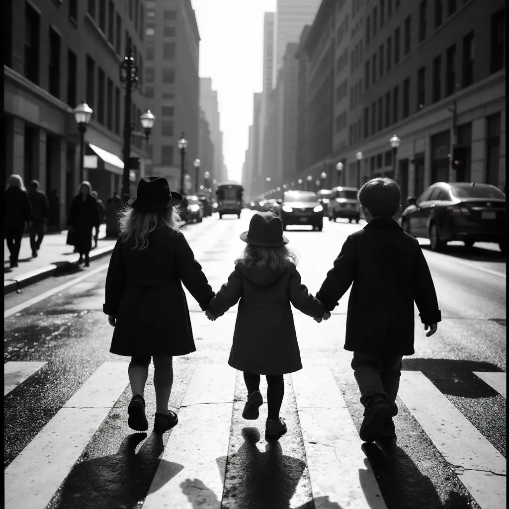 Three children crossing a monochrome city street