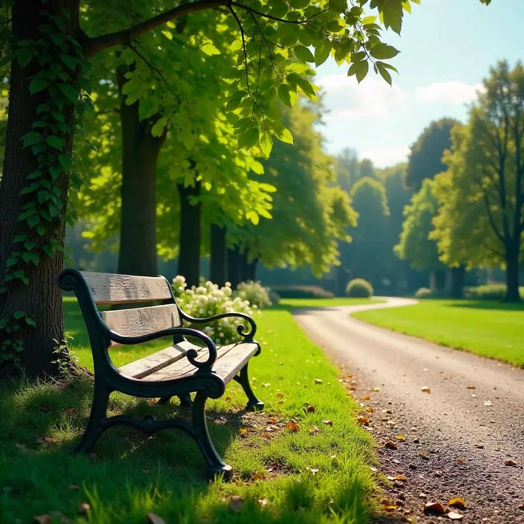 Sunlit Munich Park Bench in Verdant Serenity