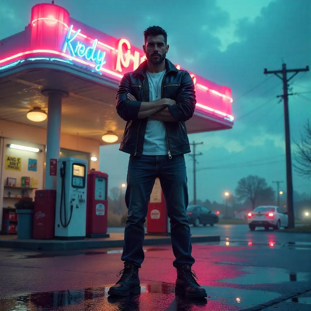 Confident Latino Man at a Neon Gas Station