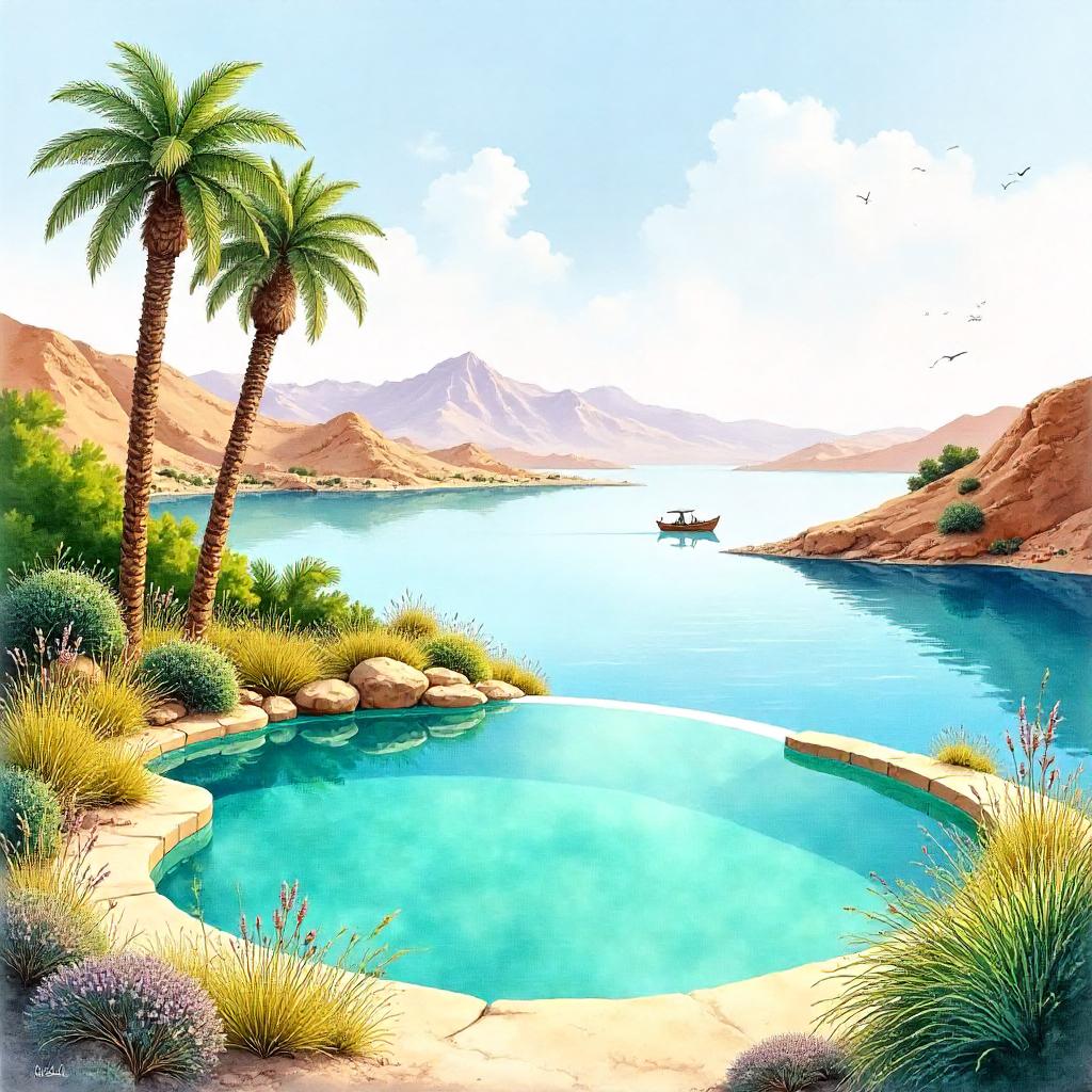 Watercolor Oasis by a Serene Lake