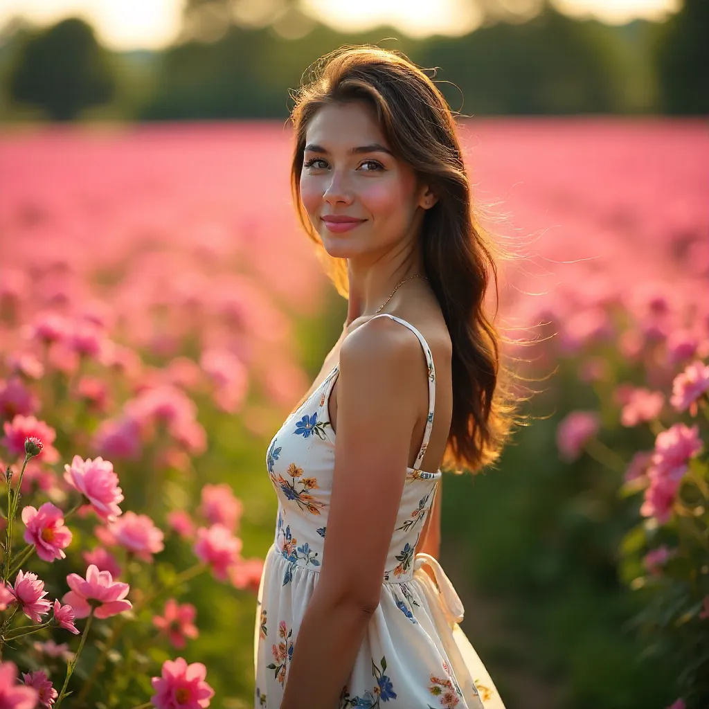Woman in Floral Dress Before a Sea of Pink Flowers
