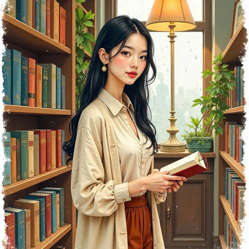 Watercolor Elegance in a Cozy Bookstore